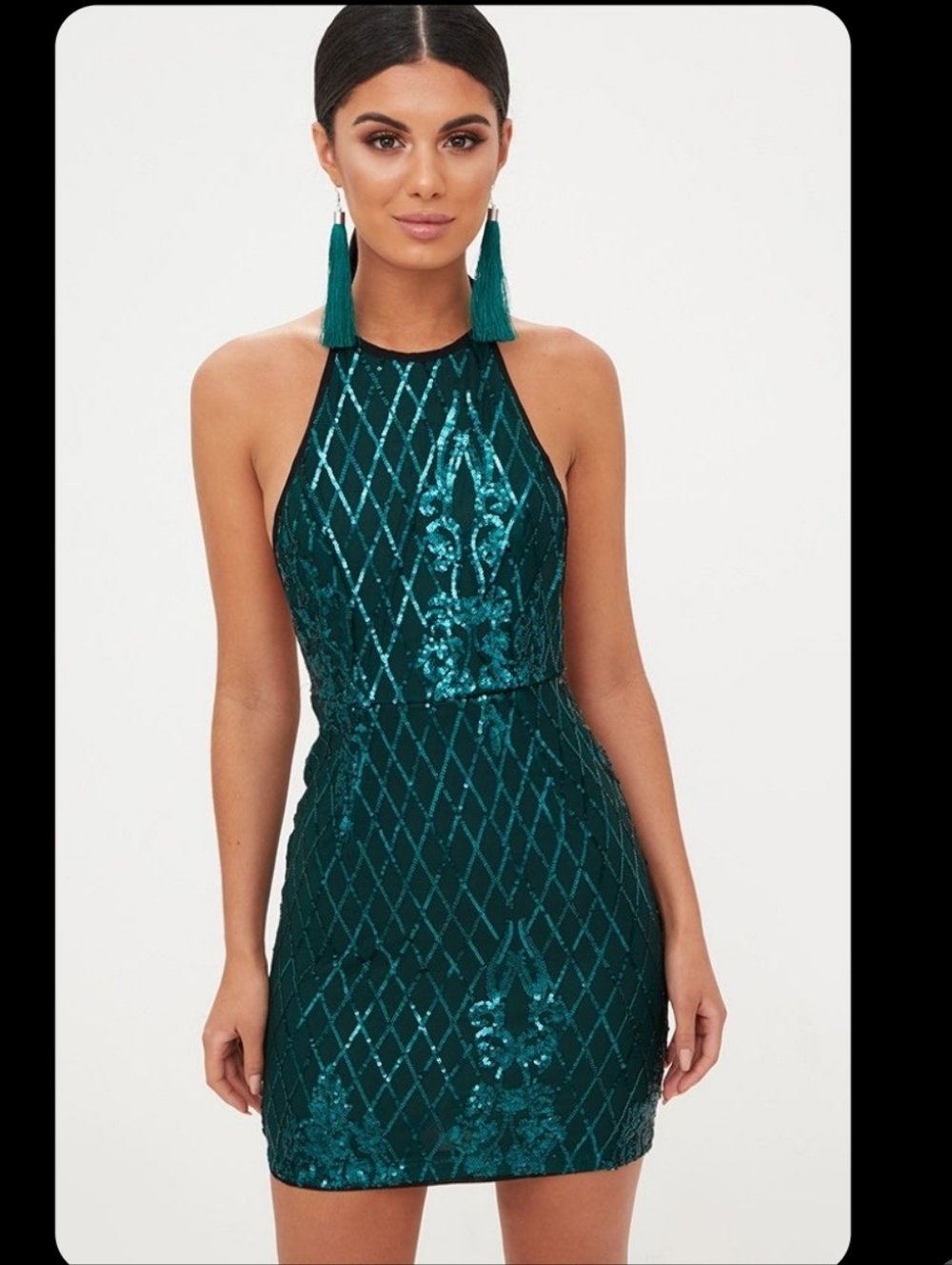 PrettyLittleThing Teal Sequin Halter Mini Dress